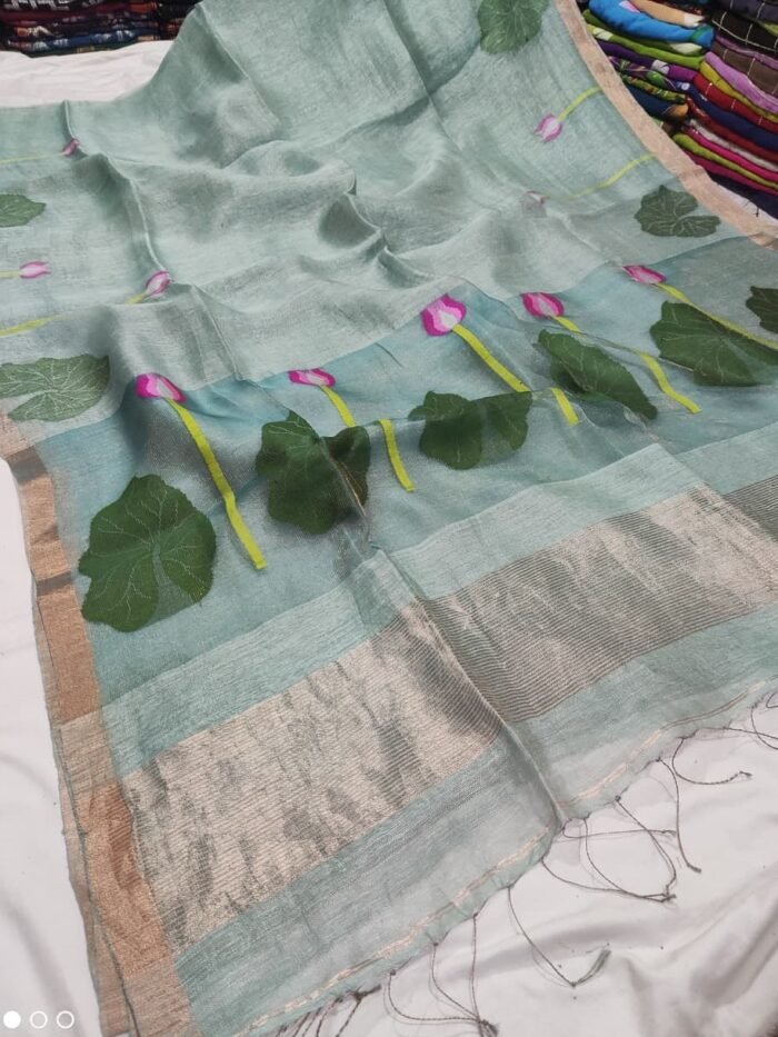 100% Pure Jayashree Tissue Resham Linen Saree with Woven Lotus & Leaf Motifs