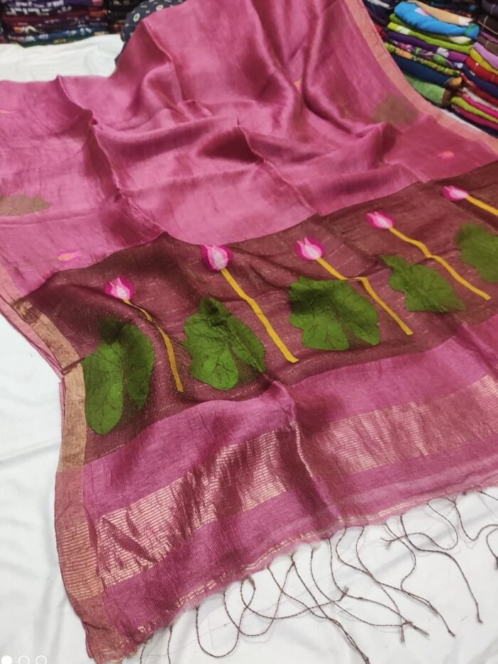 100% Pure Jayashree Tissue Resham Linen Saree with Woven Lotus & Leaf Motifs