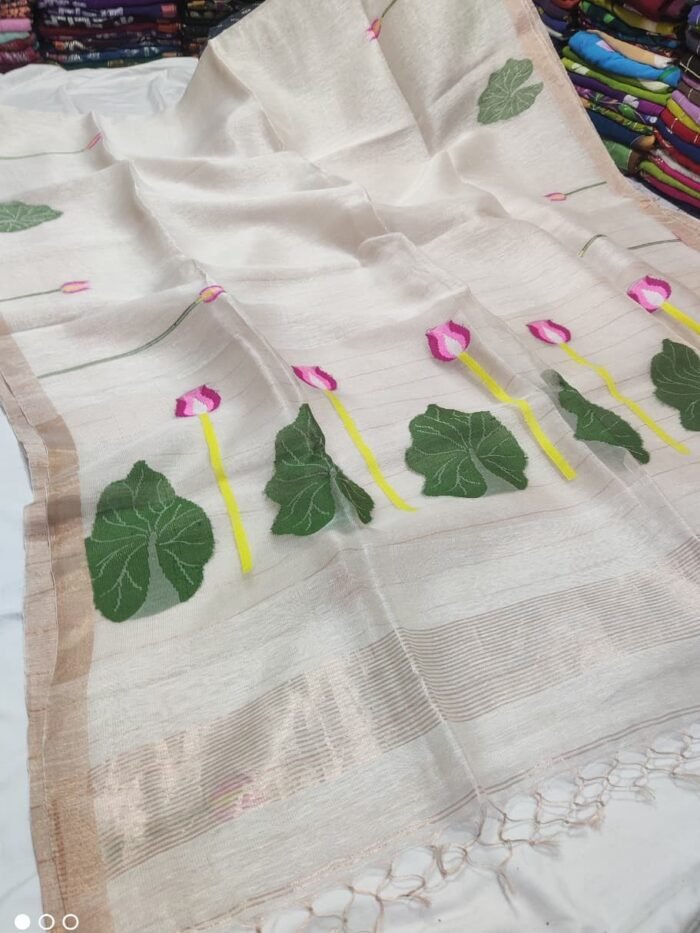 100% Pure Jayashree Tissue Resham Linen Saree with Woven Lotus & Leaf Motifs