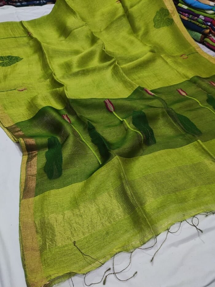 100% Pure Jayashree Tissue Resham Linen Saree with Woven Lotus & Leaf Motifs