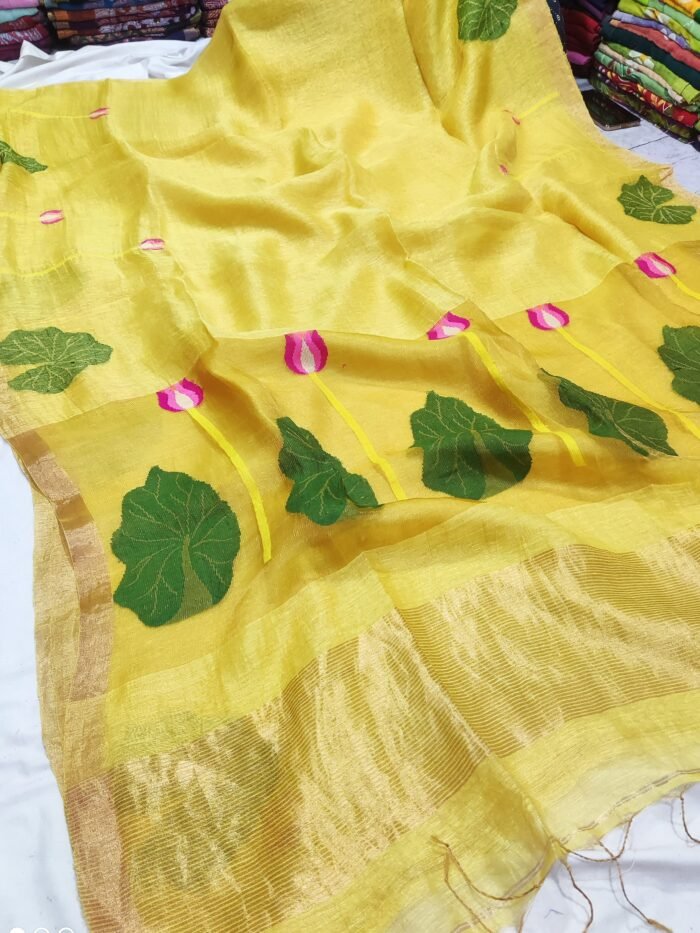 100% Pure Jayashree Tissue Resham Linen Saree with Woven Lotus & Leaf Motifs