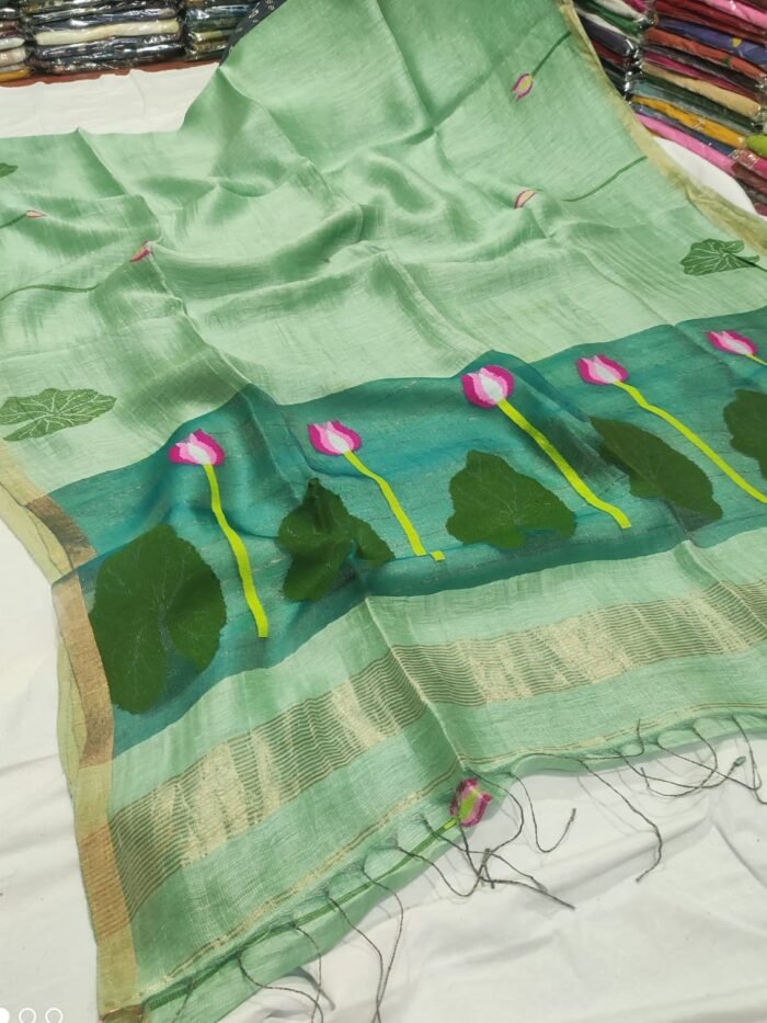 100% Pure Jayashree Tissue Resham Linen Saree with Woven Lotus & Leaf Motifs