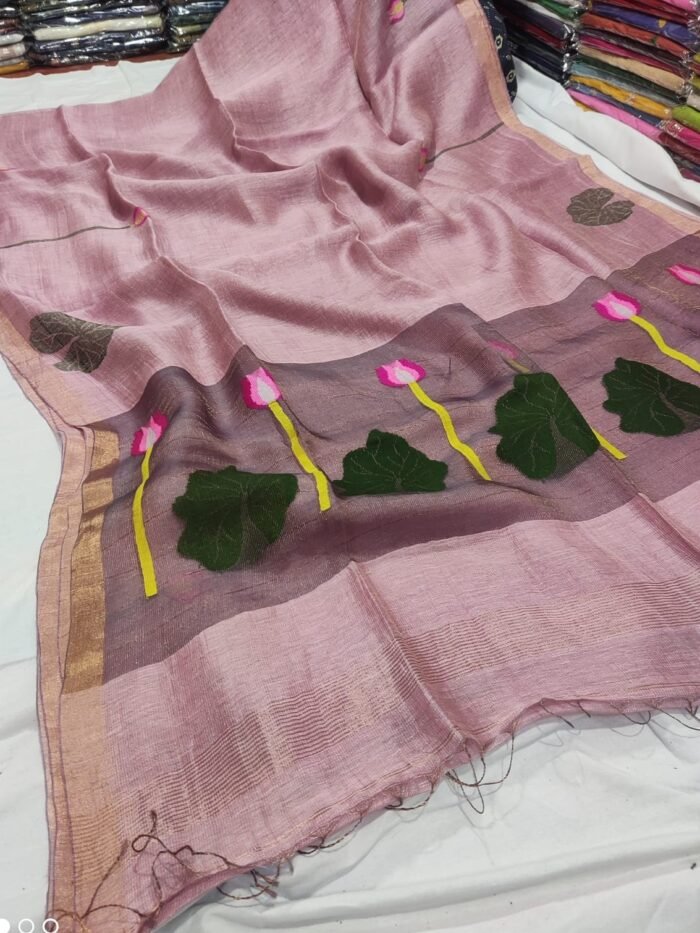 100% Pure Jayashree Tissue Resham Linen Saree with Woven Lotus & Leaf Motifs