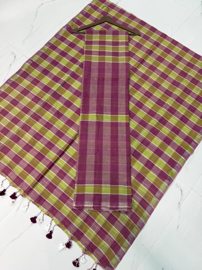 Premium Pure Cotton Unstitched Suite with Classic Tartan Checked Pattern & Contrast Tassels