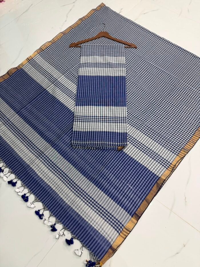 Premium Pure Cotton Checked Top & Dupatta Set with Zari Border