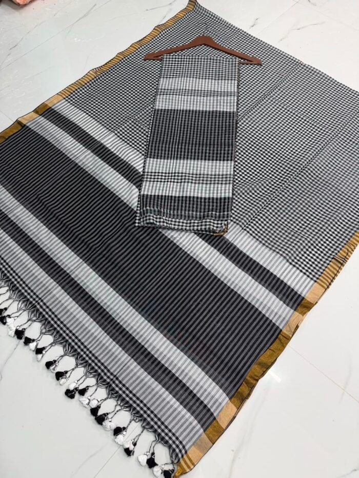 Premium Pure Cotton Checked Top & Dupatta Set with Zari Border