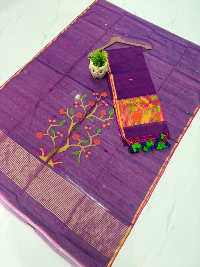 Pure Muslin Paithani Top & Dupatta Set with Woven Floral Branch & Zari Border
