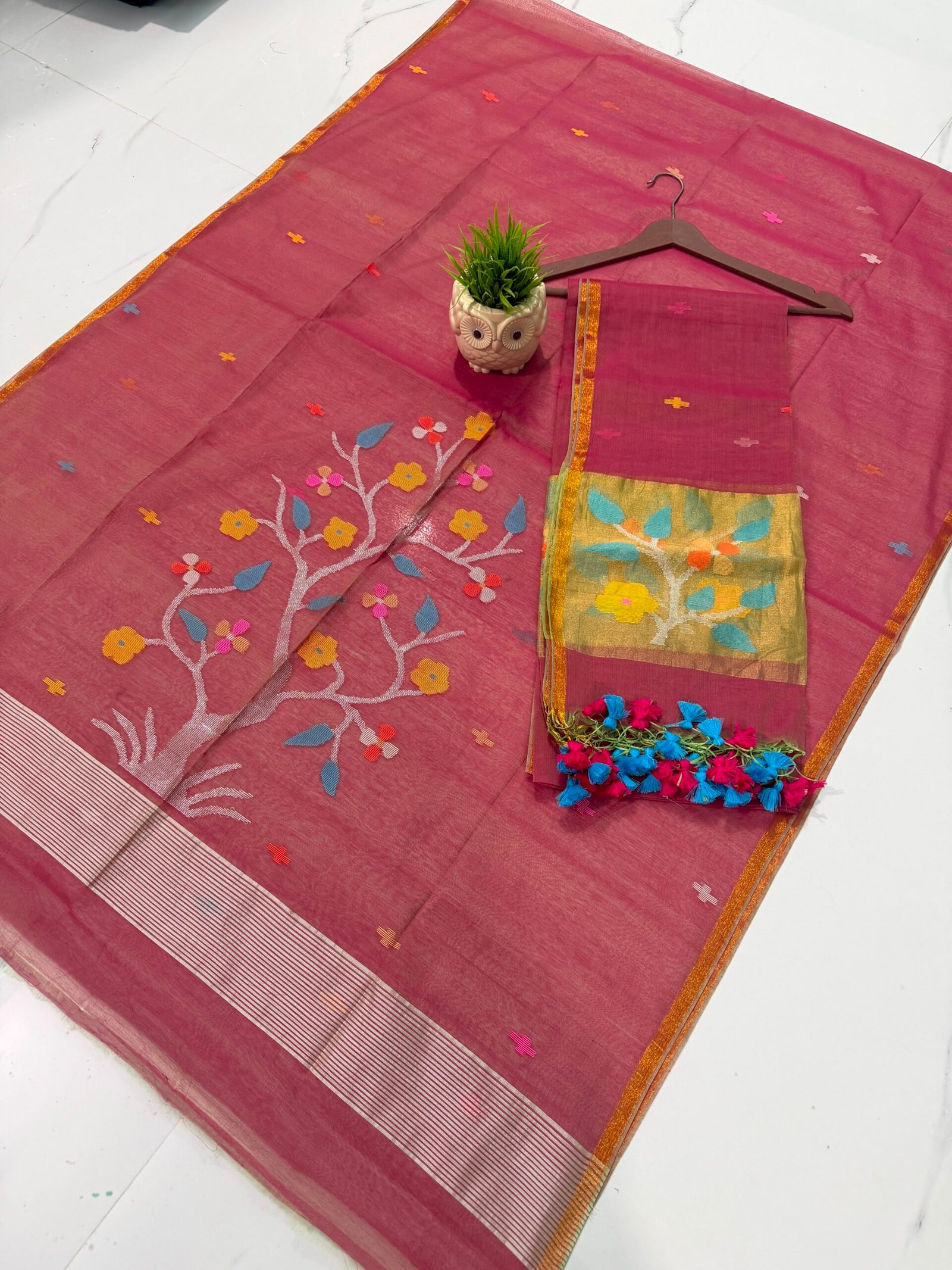 Pure Muslin Paithani Top & Dupatta Set with Woven Tree motif & Zari Border
