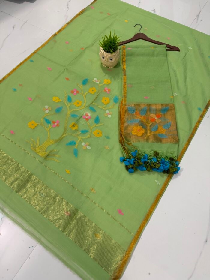 Pure Muslin Paithani Top & Dupatta Set with Woven Tree motif & Zari Border