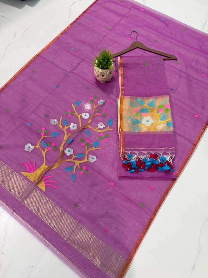 Pure Muslin Paithani Top & Dupatta Set with Woven Tree motif & Zari Border