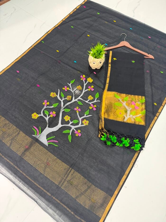 Pure Muslin Paithani Top & Dupatta Set with Woven Tree motif & Zari Border