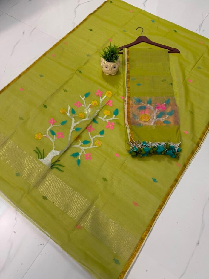 Pure Muslin Paithani Top & Dupatta Set with Woven Tree motif & Zari Border