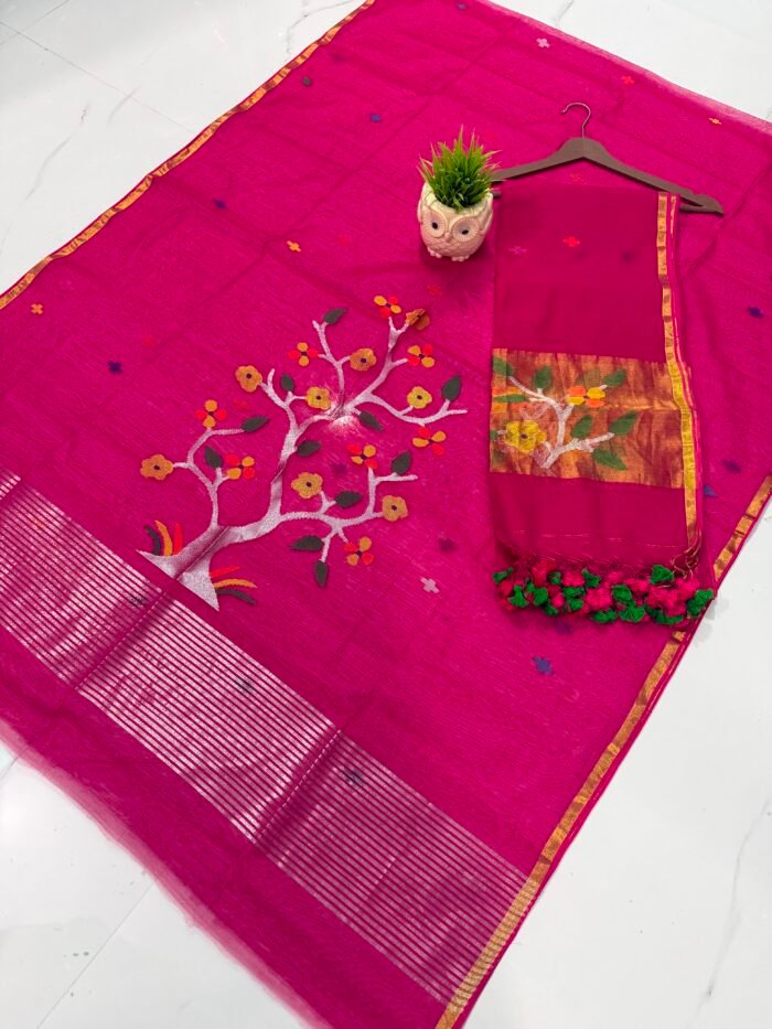 Pure Muslin Paithani Top & Dupatta Set with Woven Tree motif & Zari Border