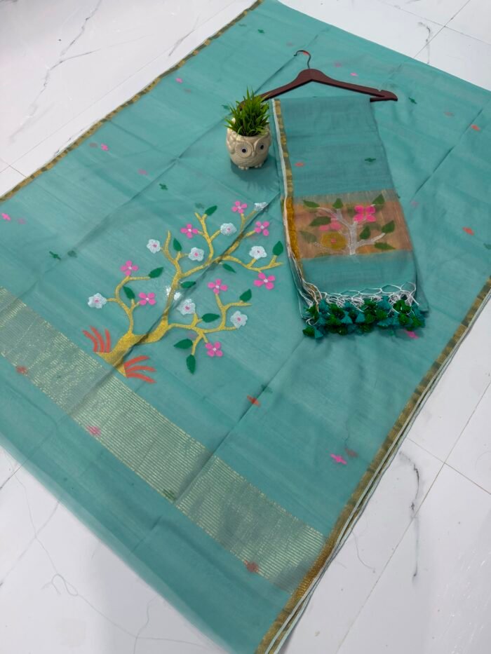 Pure Muslin Paithani Top & Dupatta Set with Woven Tree motif & Zari Border