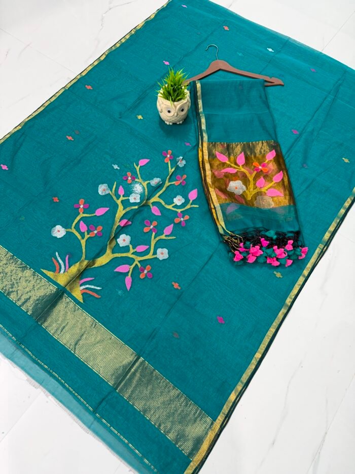 Pure Muslin Paithani Top & Dupatta Set with Woven Tree motif & Zari Border