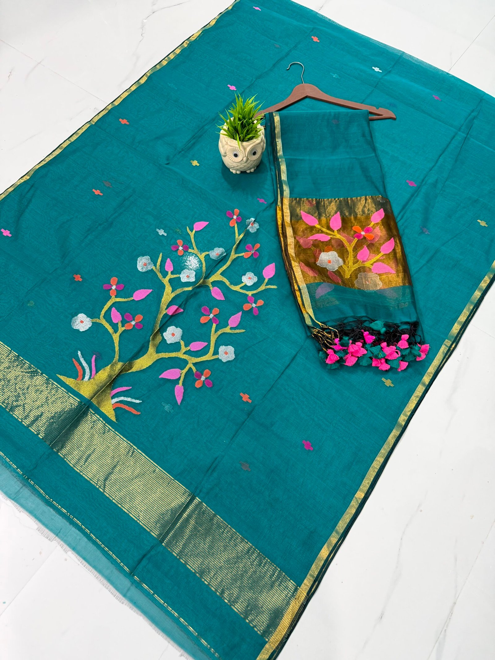 Pure Muslin Paithani Top & Dupatta Set with Woven Tree motif & Zari Border
