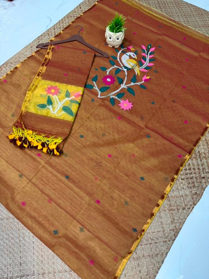 Pure Muslin Paithani Top & Dupatta Set with Woven Floral Vine and Peacock Motifs