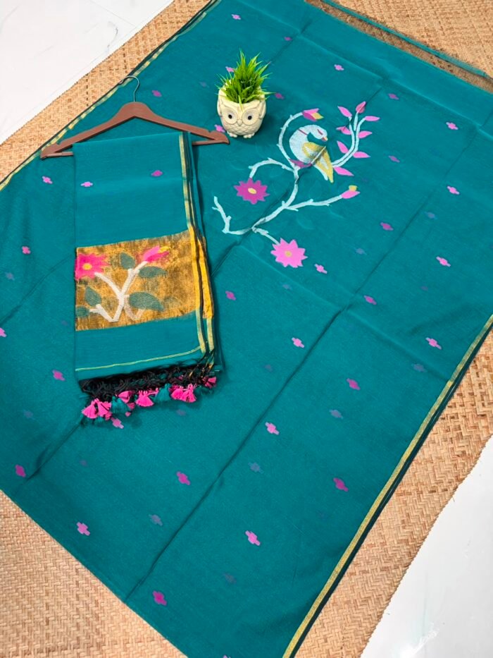 Pure Muslin Paithani Top & Dupatta Set with Woven Floral Vine and Peacock Motifs