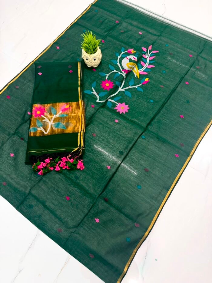 Pure Muslin Paithani Top & Dupatta Set with Woven Floral Vine and Peacock Motifs