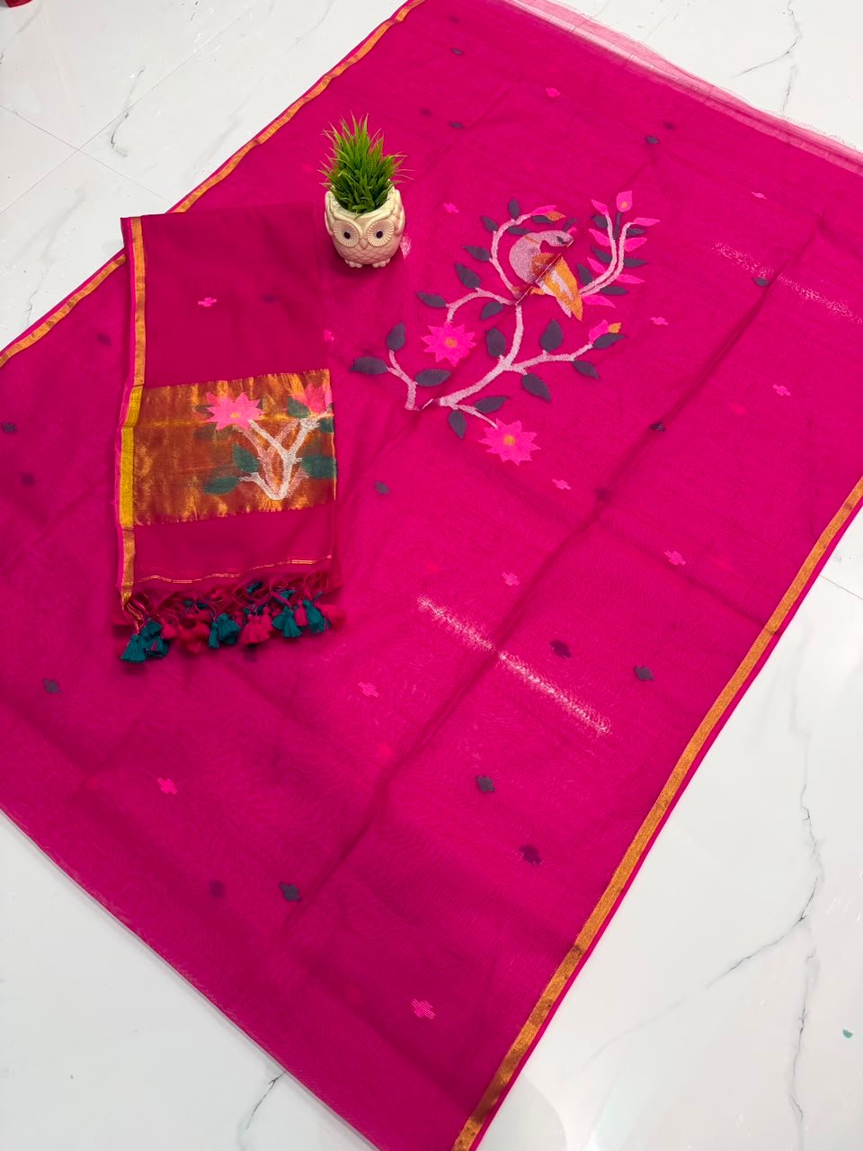 Pure Muslin Paithani Top & Dupatta Set with Woven Floral Vine and Peacock Motifs