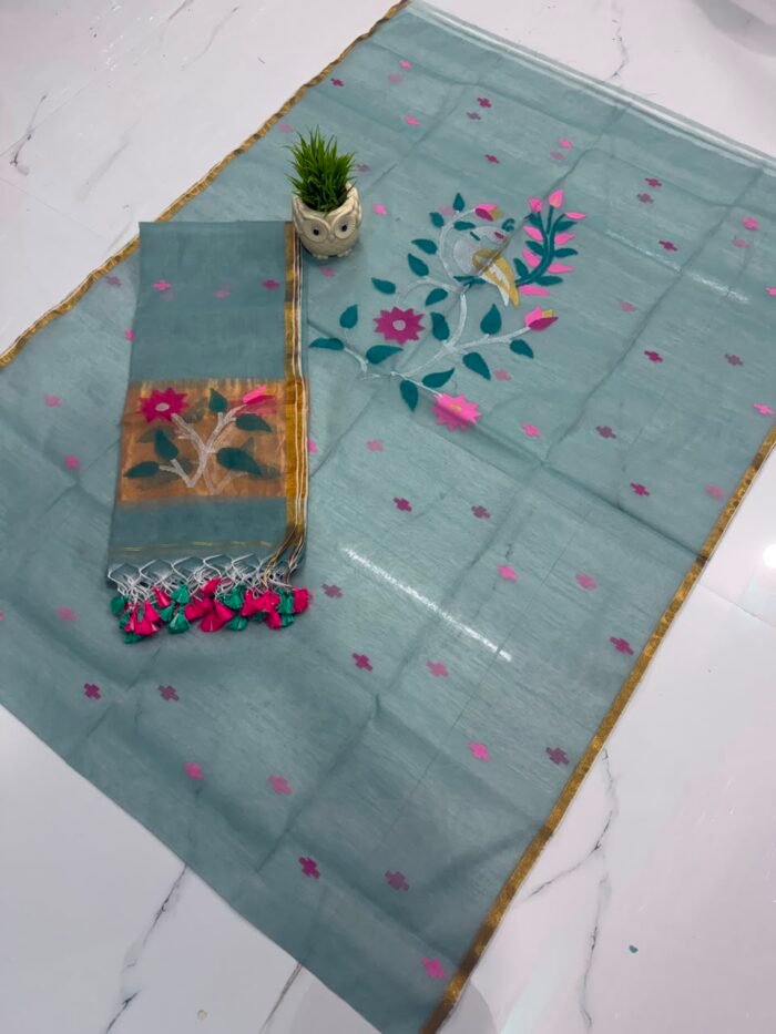 Pure Muslin Paithani Top & Dupatta Set with Woven Floral Vine and Peacock Motifs