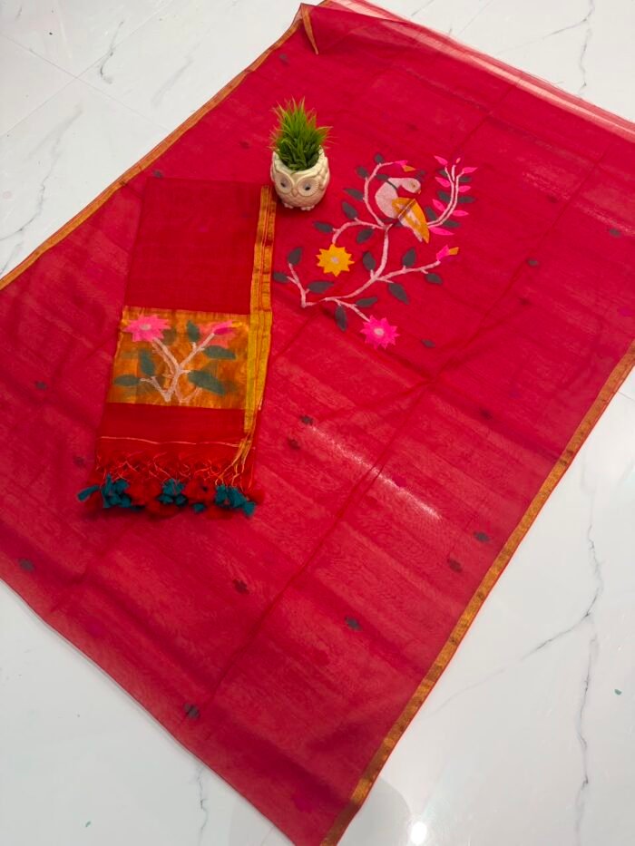 Pure Muslin Paithani Top & Dupatta Set with Woven Floral Vine and Peacock Motifs