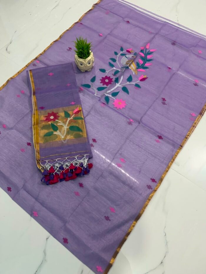 Pure Muslin Paithani Top & Dupatta Set with Woven Floral Vine and Peacock Motifs