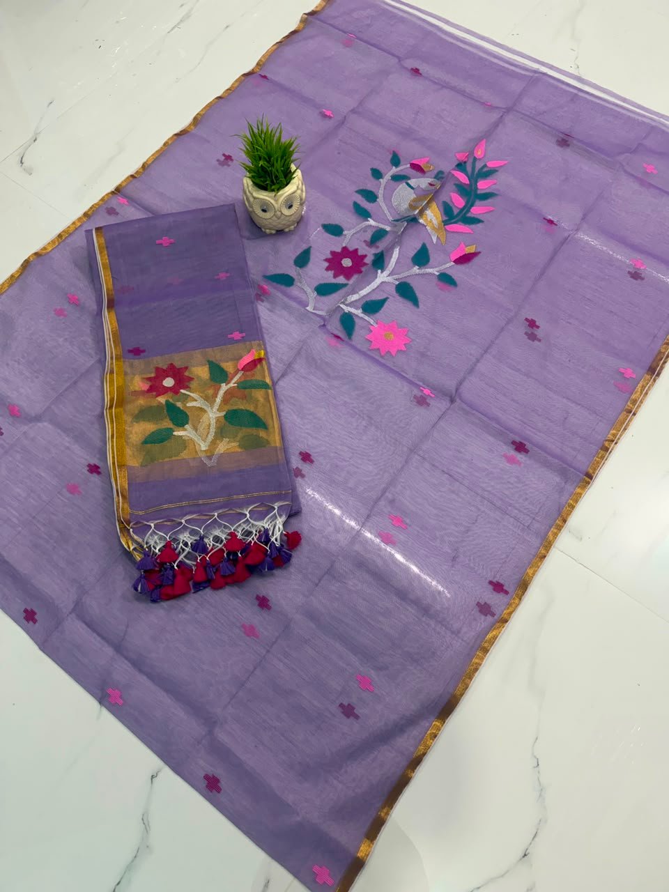 Pure Muslin Paithani Top & Dupatta Set with Woven Floral Vine and Peacock Motifs