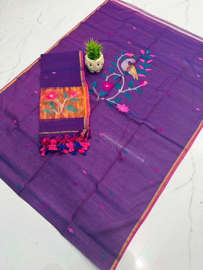 Pure Muslin Paithani Top & Dupatta Set with Woven Floral Vine and Peacock Motifs