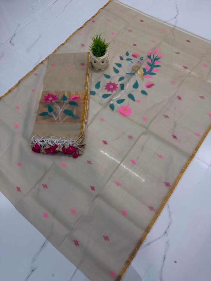 Pure Muslin Paithani Top & Dupatta Set with Woven Floral Vine and Peacock Motifs