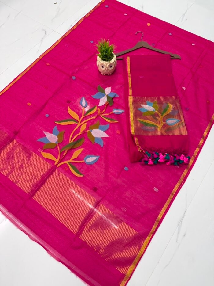 Pure Muslin Paithani Top & Dupatta Set with Woven Floral Branch & Zari Border
