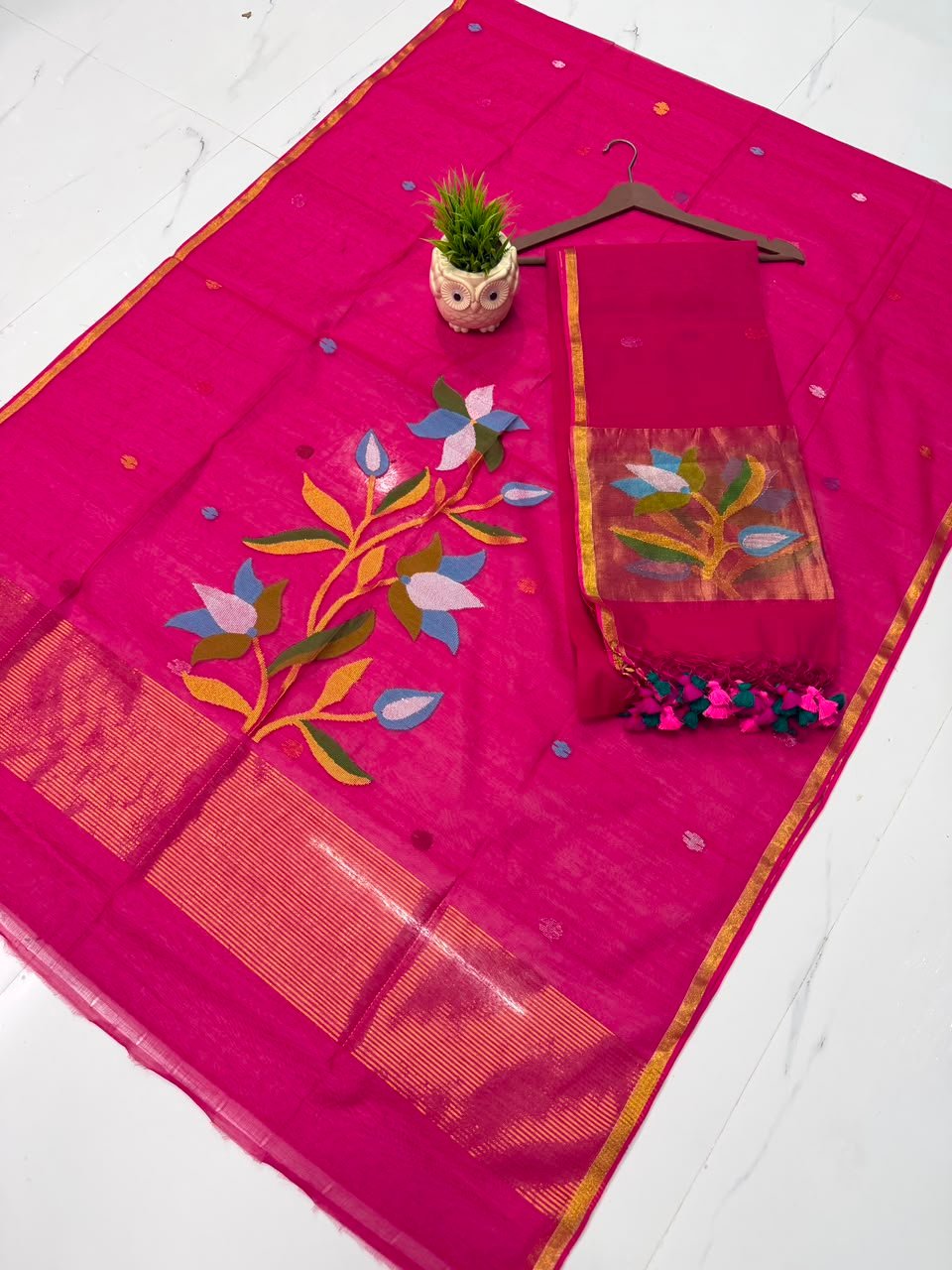 Pure Muslin Paithani Top & Dupatta Set with Woven Floral Branch & Zari Border