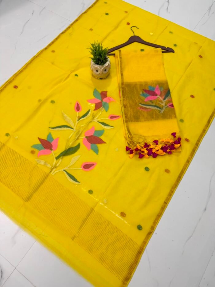 Pure Muslin Paithani Top & Dupatta Set with Woven Floral Branch & Zari Border