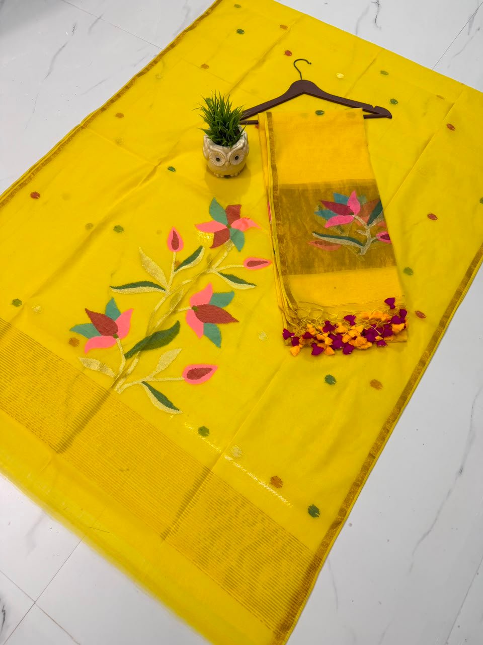 Pure Muslin Paithani Top & Dupatta Set with Woven Floral Branch & Zari Border