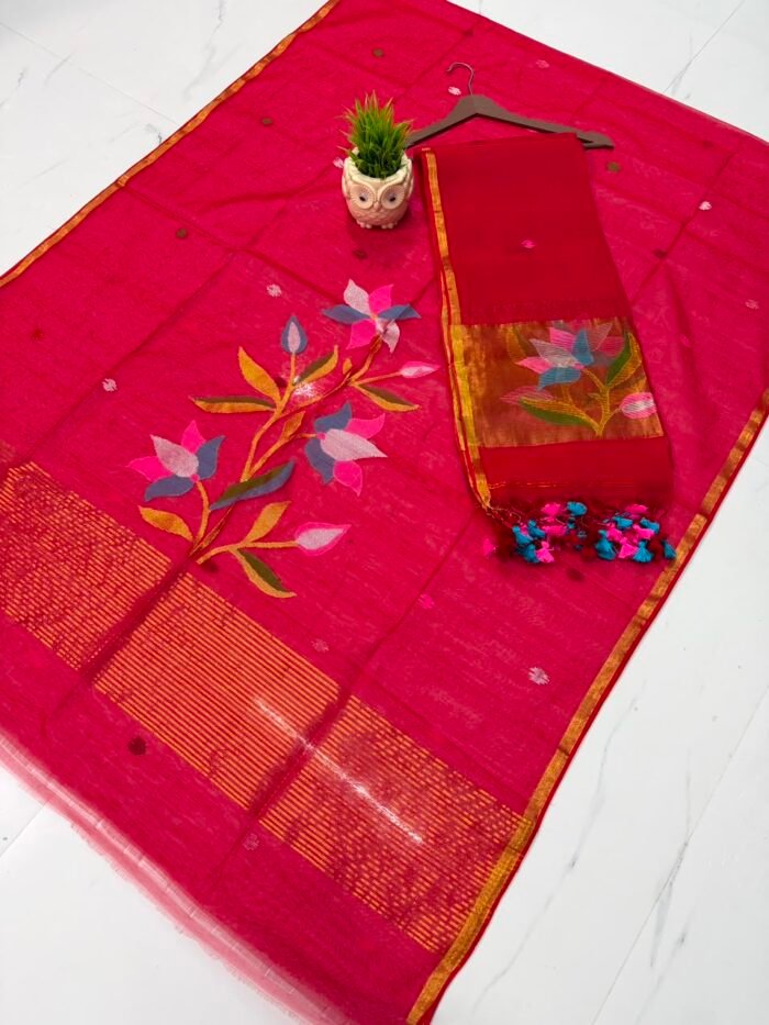 Pure Muslin Paithani Top & Dupatta Set with Woven Floral Branch & Zari Border