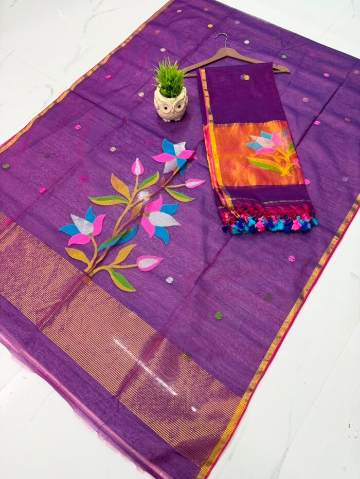 Pure Muslin Paithani Top & Dupatta Set with Woven Floral Branch & Zari Border