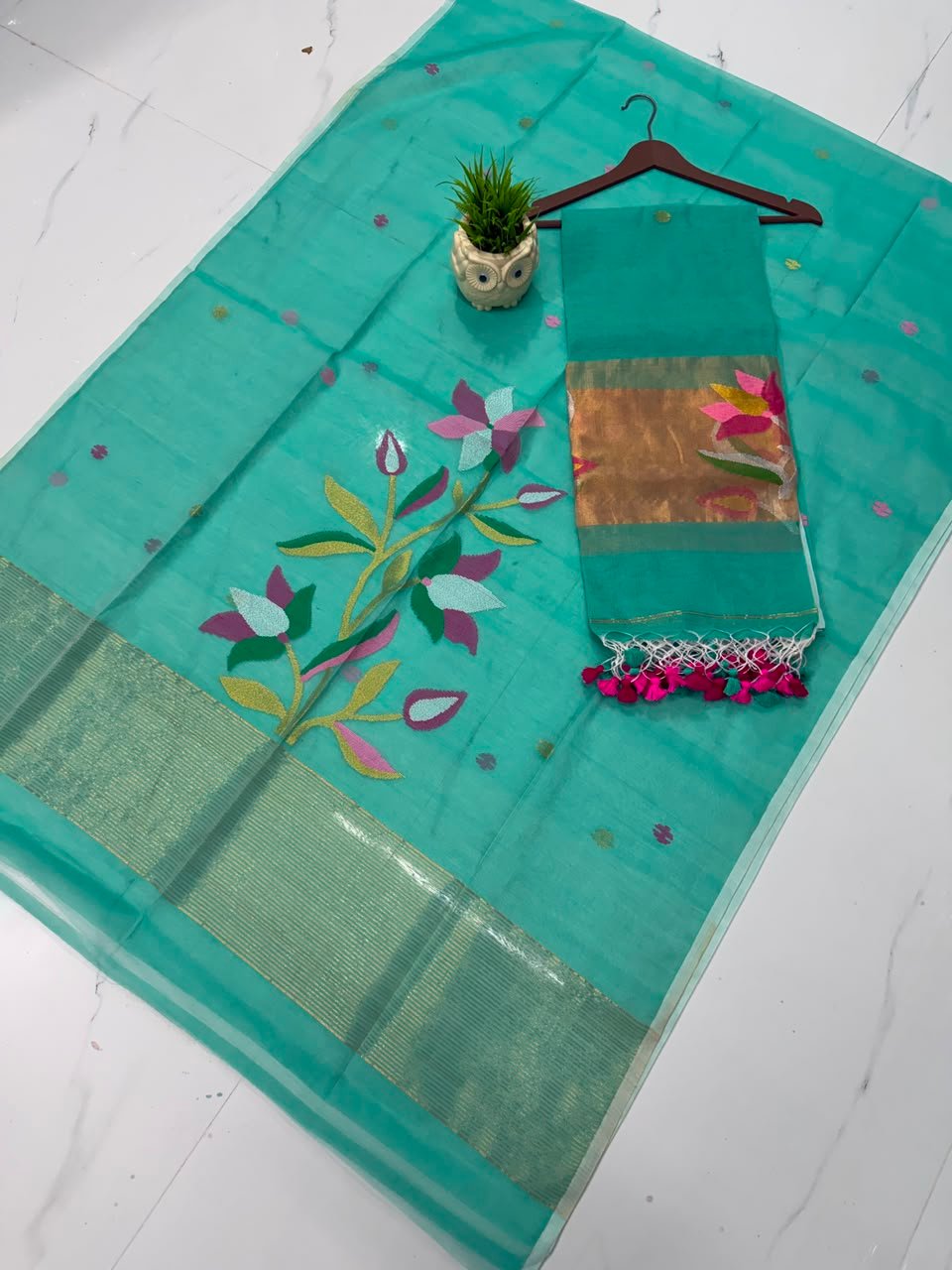 Pure Muslin Paithani Top & Dupatta Set with Woven Floral Branch & Zari Border
