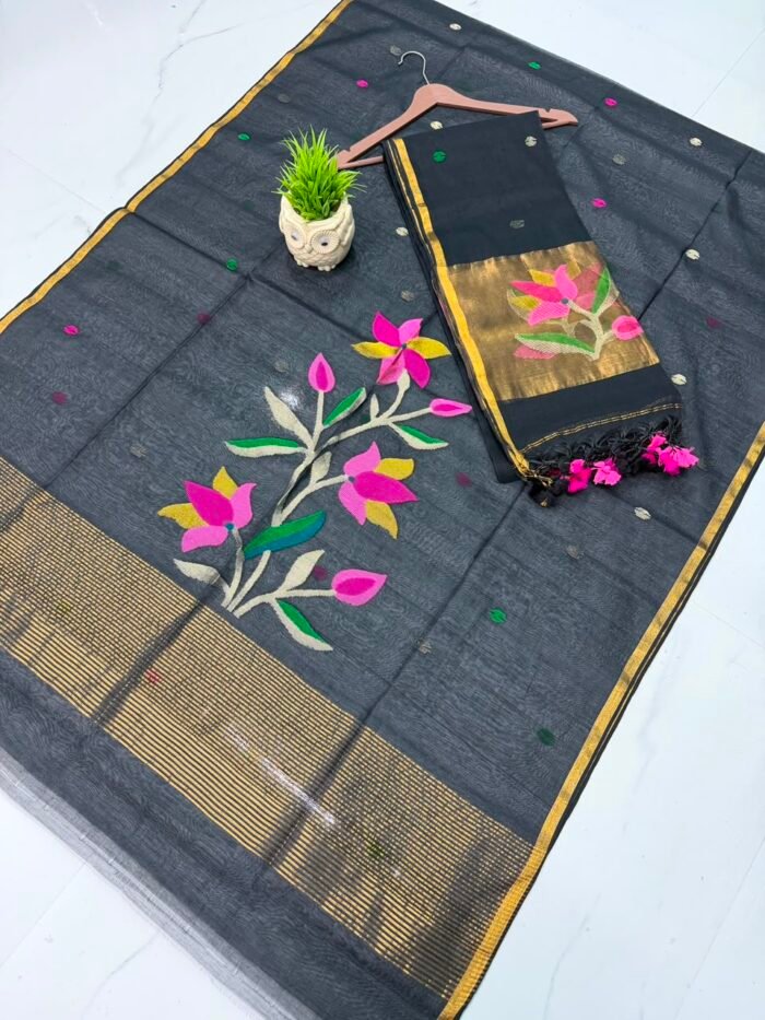 Pure Muslin Paithani Top & Dupatta Set with Woven Floral Branch & Zari Border
