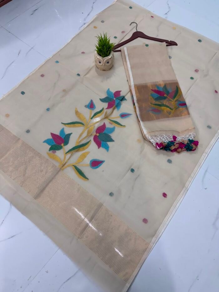 Pure Muslin Paithani Top & Dupatta Set with Woven Floral Branch & Zari Border