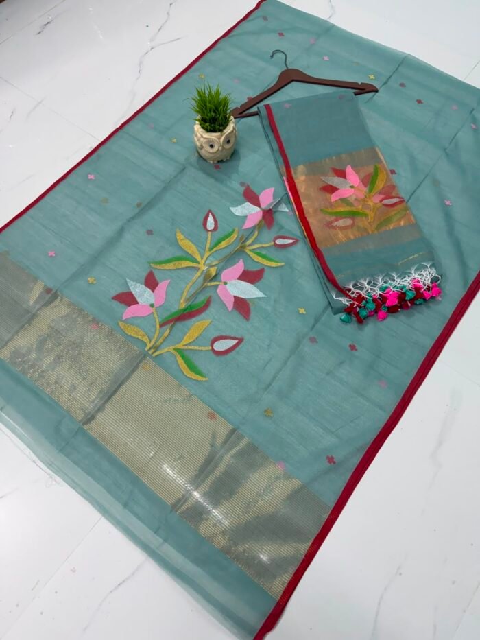 Pure Muslin Paithani Top & Dupatta Set with Woven Floral Branch & Zari Border
