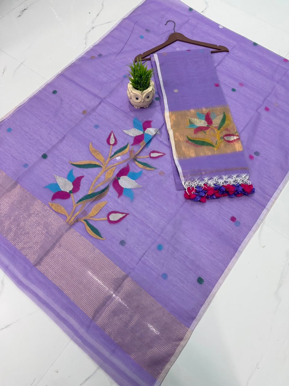 Pure Muslin Paithani Top & Dupatta Set with Woven Floral Branch & Zari Border