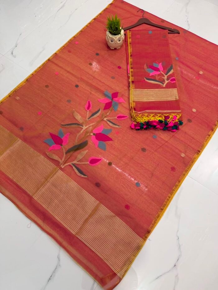 Pure Muslin Paithani Top & Dupatta Set with Woven Floral Branch & Zari Border
