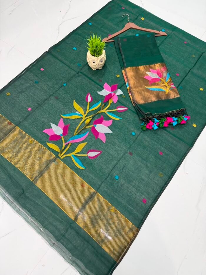 Pure Muslin Paithani Top & Dupatta Set with Woven Floral Branch & Zari Border