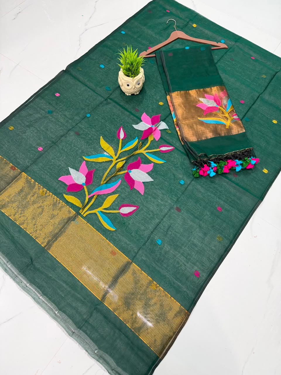 Pure Muslin Paithani Top & Dupatta Set with Woven Floral Branch & Zari Border
