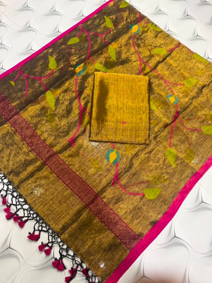 100% Pure Jayashree Tissue Linen Top & Dupatta Set with Allover Botanical Jaal Weave