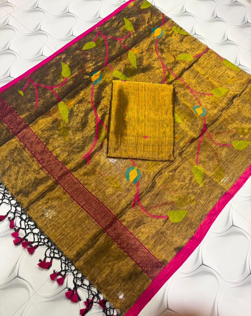 100% Pure Jayashree Tissue Linen Top & Dupatta Set with Allover Botanical Jaal Weave