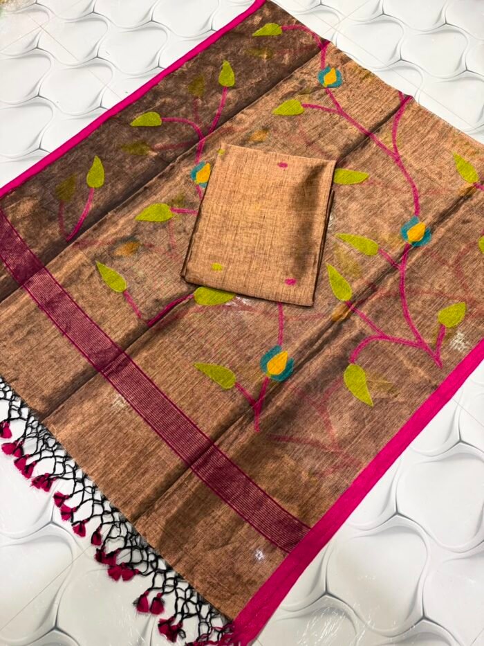 100% Pure Jayashree Tissue Linen Top & Dupatta Set with Allover Botanical Jaal Weave