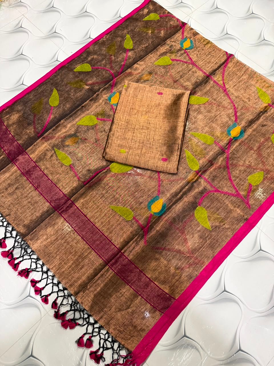 100% Pure Jayashree Tissue Linen Top & Dupatta Set with Allover Botanical Jaal Weave