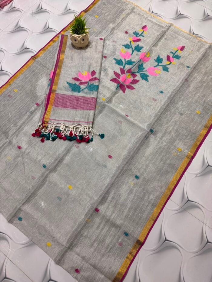 100% Pure Tissue Linen Jamdani Top & Dupatta Set with Floral Motifs