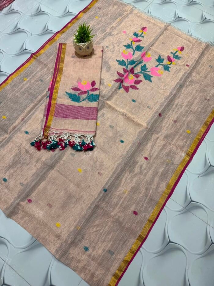 100% Pure Tissue Linen Jamdani Top & Dupatta Set with Floral Motifs